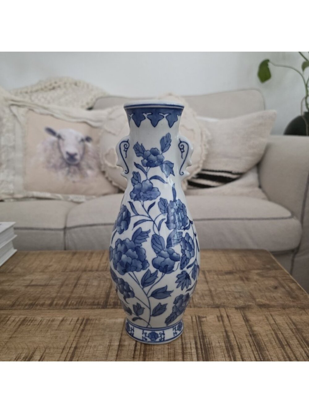 Blue & White Chinoiserie Floral Ceramic Wall Pocket Vase 10"
